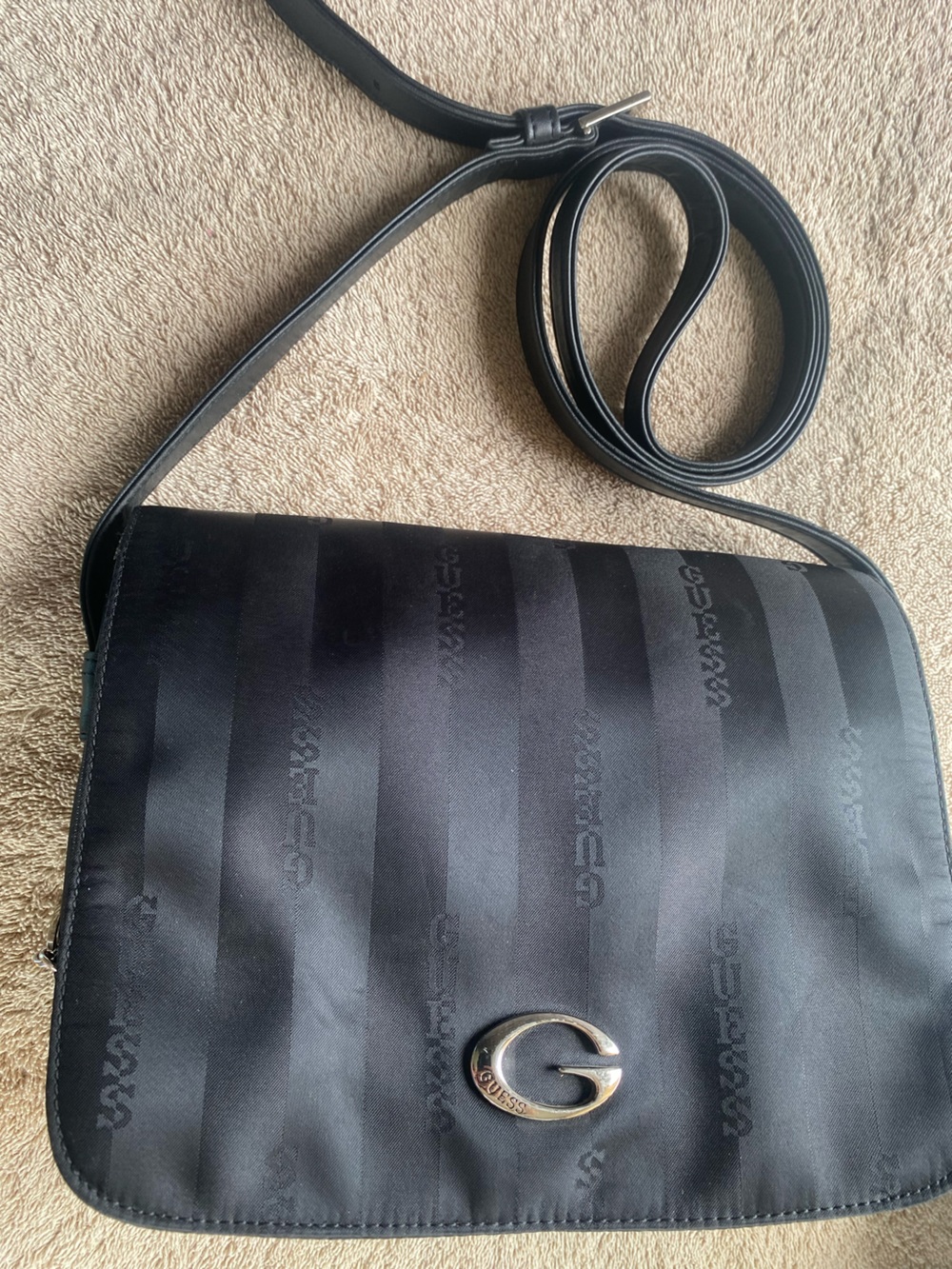 Vintage Y2K GUESS Black Striped Satin Crossbody Flap Bag